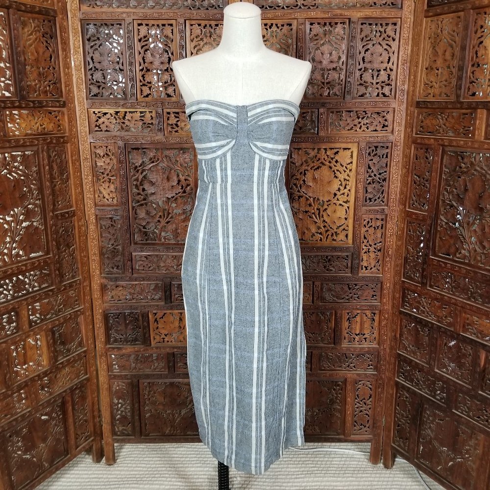 Free People Strapless Midi Dress in Gray and White Stripes